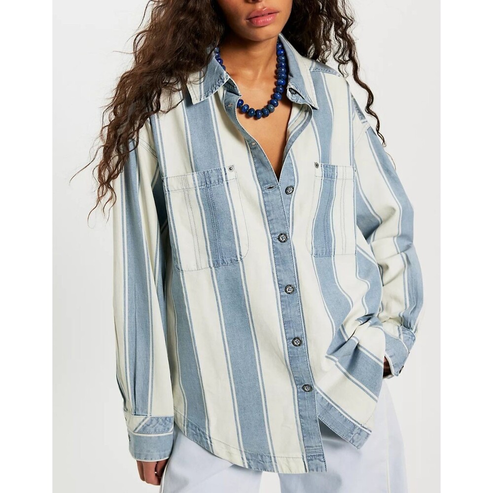 Free People We The Free Crossroads Striped Button Down Shirt Top Print M 288995